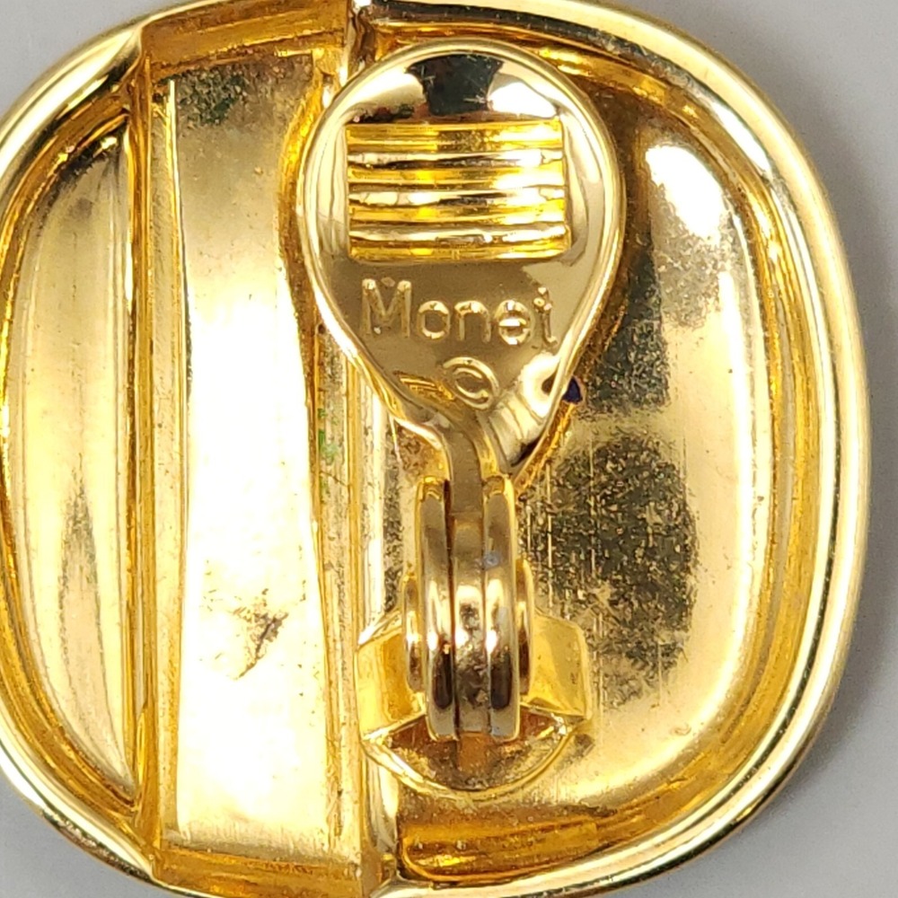 Monet Vintage Black Enamel & Gold Stripe Square‎  Button Clip On Earrings 7/8 In - Picture 6 of 11